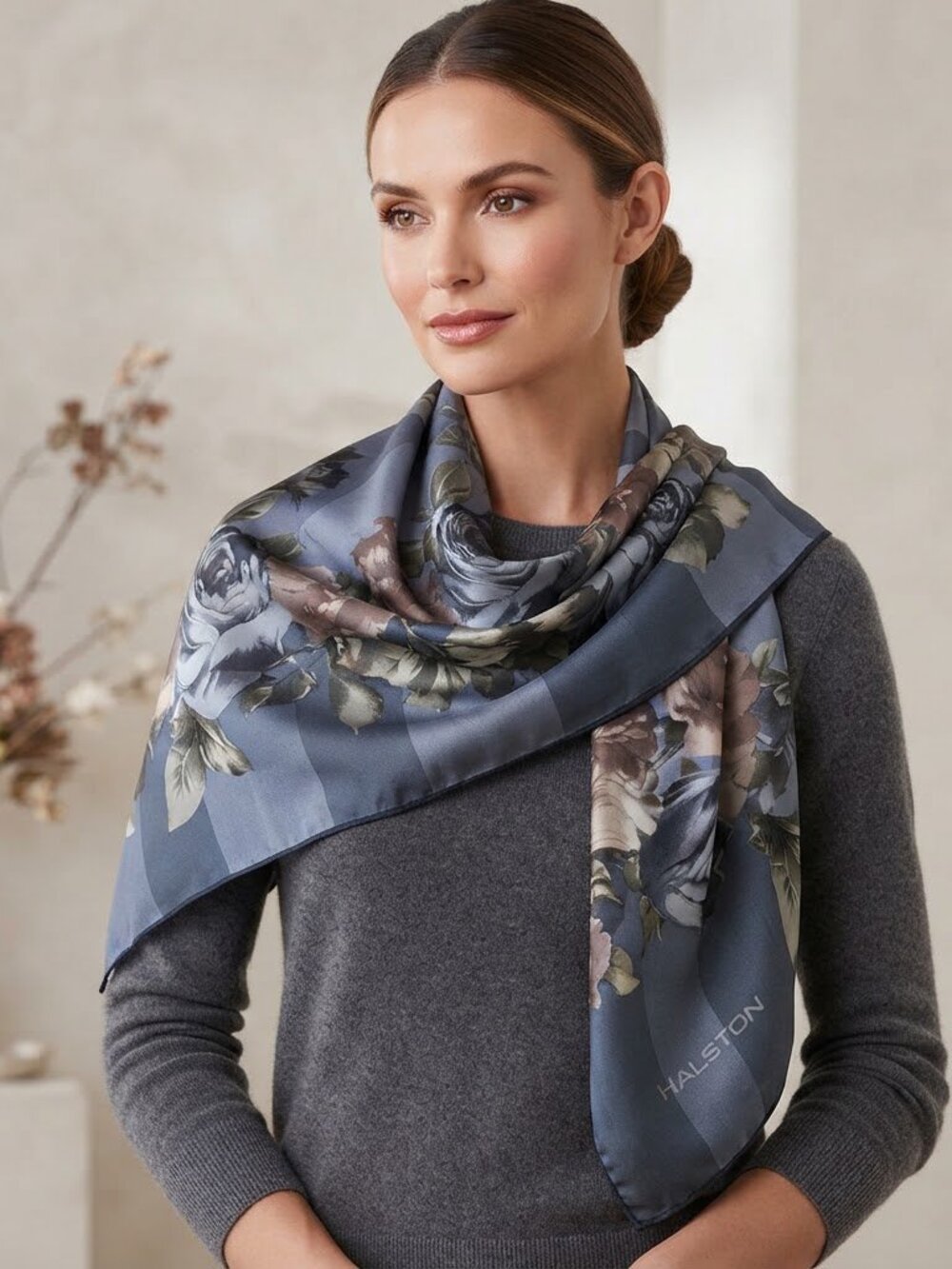 Halston Heritage Blue and Brown Floral Scarf 60'X14'